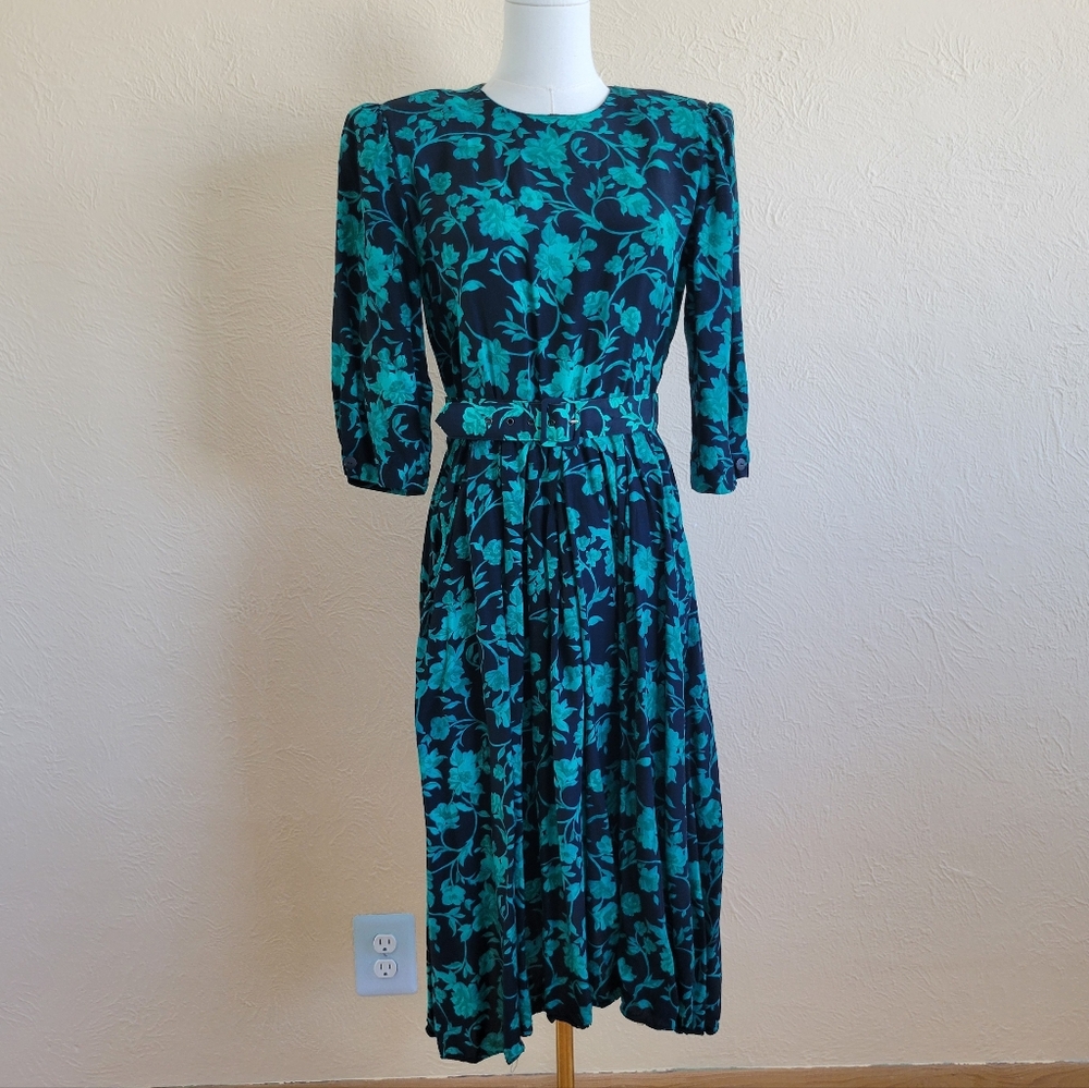 V.I.P. Petites | Black & Teal Floral Belted Dress